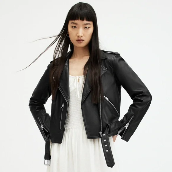 All Saints Black Balfern Belted Hem Leather Biker Jacket Size 2 - Picture 1 of 13